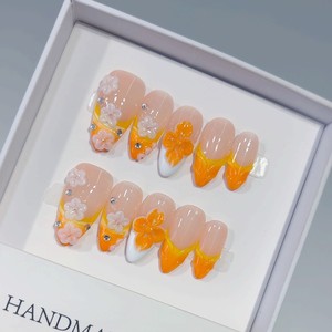 10 faux ongles press-on faits main, motif fleur 3D, nude, forme amande, avec pointes françaises <span class=keywords><strong>orange</strong></span> et strass, réutilisables, pour l'été, pour femmes - Product Image 2