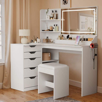 Table de maquillage moderne blanche avec miroir à lumière LED, 5 tiroirs et étagères de rangement, assemblée pour une utilisation dans la chambre à coucher et la salle de bain
