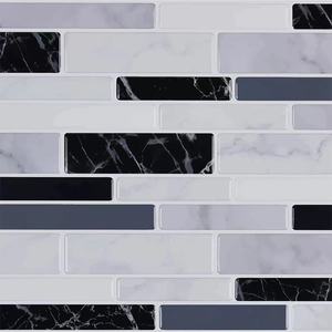 PVC Backsplash Tile <strong>for</strong> Kitchen Peel and Stick - Marble White Embellished With Black Wall <strong>Stickers</strong> - Product Image 6