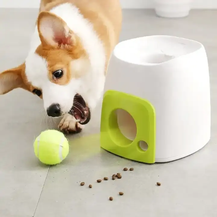ของเล่นสัตว์เลี้ยงแบบโต้ตอบปริศนาลูกสุนัขโยนของเล่นสุนัขตัวปล่อยลูกเทนนิสเครื่องจ่ายอาหารของเล่น