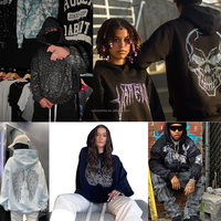 Sudadera con Capucha Unisex de Lujo Personalizada con Pedrería, Bordado 3D y Estampado en Relieve, Estilo Urbano, de Algodón, Corte Cropped y Ajuste Holgado