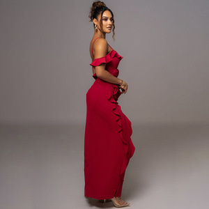 Robe de soirée longue, dos nu, fente, sans manches, couleur unie, volants sur le devant, taille haute, taille naturelle, respirante, origine Yiwu - Product Image 3