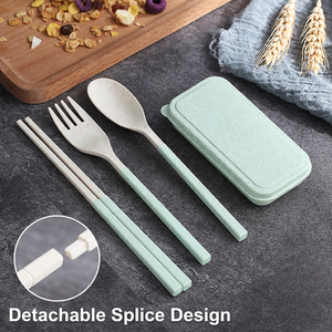 Ensemble de couverts écologiques en paille de blé, boîte de rangement portable pour couverts de voyage, cuillère, fourchette, couteau réutilisables, étui de rangement pour étudiants - Product Image 5