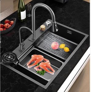 VORIVA Fregadero de Cocina de Acero Negro Grande, <span class=keywords><strong>Grifo</strong></span> de <span class=keywords><strong>Cascada</strong></span>, Tazón Único, <span class=keywords><strong>Lavabo</strong></span> de Cocina para Lavado de Verduras - Product Image 5