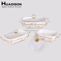 Huadison-Équipement de restauration pour buffet d'hôtel, chauffe-plats en céramique rectangle doré de luxe avec couvercle en verre