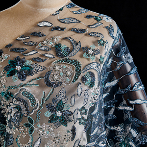 Grosir Pabrik kain bordir manik-manik renda Prancis kain renda Tulle mewah jala kain renda manik-manik biru tua - Product Image 4