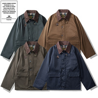 Jaket Bomber Batik Cetak Gaya Inggris Kerah Lipat Ganda Berlapis Lilin Tahan Angin Slim Fit Pendek 100% Poliester Katun
