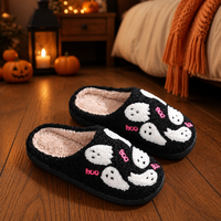 Sandal Halloween untuk Wanita Pria Pasangan, Sandal Rumah Dalam Ruangan Kamar Tidur, Sandal Rumah Hangat Berbahan Plush Bentuk Hantu dan Tengkorak, Pengiriman Cepat Anti Selip