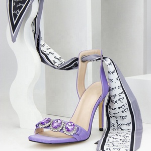 Luxury Shiny Gem Sandals Diamonds Slim High <b>Heels</b> Lavender Satin Ribbon Pumps Summer Women Stiletto Shoes - Product Image 2