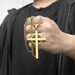 Stainless Steel Simple Cross With Circle Pendant Men Women Gold Silver Jesus Christ Religious Crucifix Necklace Charms Jewelry - Product Image 1