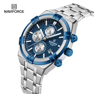 NAVIFORCE 8042 jam tangan kuarsa untuk pria, arloji kronograf Dial besar biru, jam tangan tiga jarum Quartz baja tahan karat untuk pria