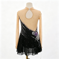 Robe de danse patinage noire à col montant, manches longues en maille nude, dos découpé ovale orné de strass pour enfants et adultes, compétition et performance