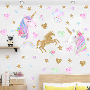 Autocollant <span class=keywords><strong>mural</strong></span> pour chambre d'enfant, motif <span class=keywords><strong>licorne</strong></span> de dessin animé, papier peint 3D, décoration intérieure - Product Image 2