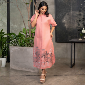 Vestido Midi Bordado de Lino Rosa Artesanal de Calidad Excepcional, Elegante y Casual para Mujer - Product Image 5