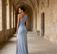 Robe longue asymétrique bleu clair froncée, fendue, moulante en jersey, élégante pour soirée, demoiselle d'honneur ou cérémonie, pour femme