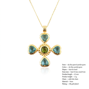 Women's Cross Necklace Sky Blue Quartz and Peridot Quartz Christian Jewelry 18k Gold Plated Texture Metal Brass Pendant Necklace - Product Image 1
