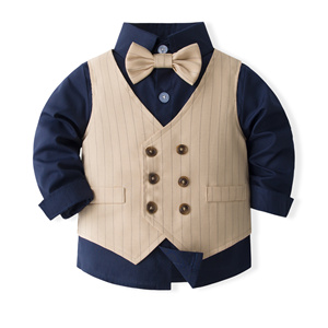Catpapa Vente en gros Ensemble 4 pièces pour garçons : Chemise marine, <span class=keywords><strong>gilet</strong></span> rayé kaki, pantalon et nœud papillon – Tenue de cérémonie pour enfant - Product Image 3