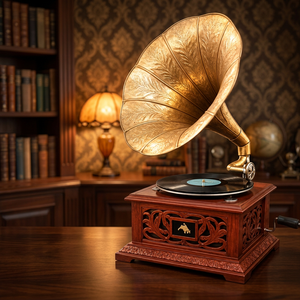 Tourne-disque vintage rectangulaire en bois et laiton, boîte à musique décorative, vitesse réglable, style antique, ornement de table - Product Image 2
