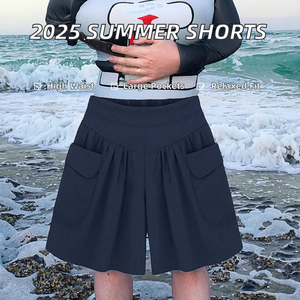 Shorts d'été pour femmes, coupe trapèze, couleur unie, taille haute, ample, jambe large, grande taille, décontracté, grandes poches, haute qualité - Product Image 3
