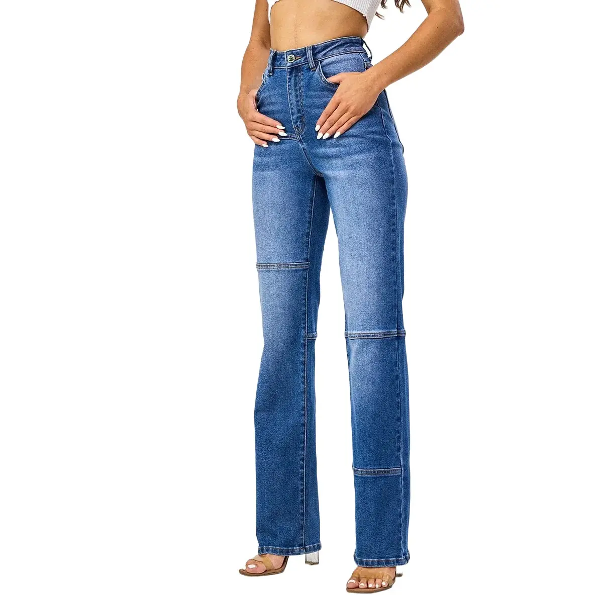 Americas Fashion Pantalon en denim délavé bleu clair Jeans droits pour femmes Jeans décontractés