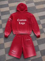 Ensemble de survêtement vintage pour homme, sweat à capuche rouge délavé et short en molleton orné de strass, deux pièces, streetwear, fermeture éclair, coupe oversize personnalisée