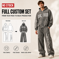 Ensemble survêtement IKDEER personnalisé vintage délavé avec sweat à capuche zippé et pantalon large imprimé flamme pour tenues quotidiennes streetwear et hip-hop