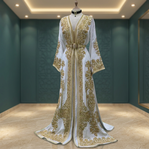 Elegant White Gold Embroidered Polyester Modest Abaya High Neck Long Sleeve MAXI Floral Pattern Middle <b>East</b> Wedding Women Loose - Product Image 2