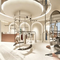Aménagement intérieur de magasin de vêtements, personnalisation complète de la pièce, présentoirs pour magasin de vêtements, étagères de présentation de vêtements, décoration