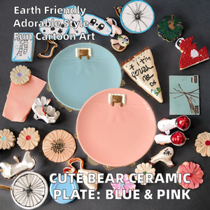 Plato de cerámica de gres azul y rosa con diseño de oso durmiente, ecológico, lindo, redondo de 8 pulgadas, vajilla con diseño de edredón. - Product Image 2