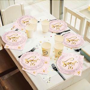 FDA Approved 7-Inch Round <b>Disposable</b> Rose Gold and Pink Foil <b>Plate</b> 350gsm White Board Sweet Party Supplies - Product Image 1
