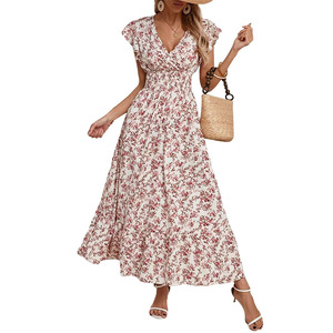 Robe longue d'été pour femme à imprimé floral, col <span class=keywords><strong>en</strong></span> V, manches courtes à volants, taille haute, coupe trapèze fluide, décontractée, pour la plage et les vacances - Product Image 5
