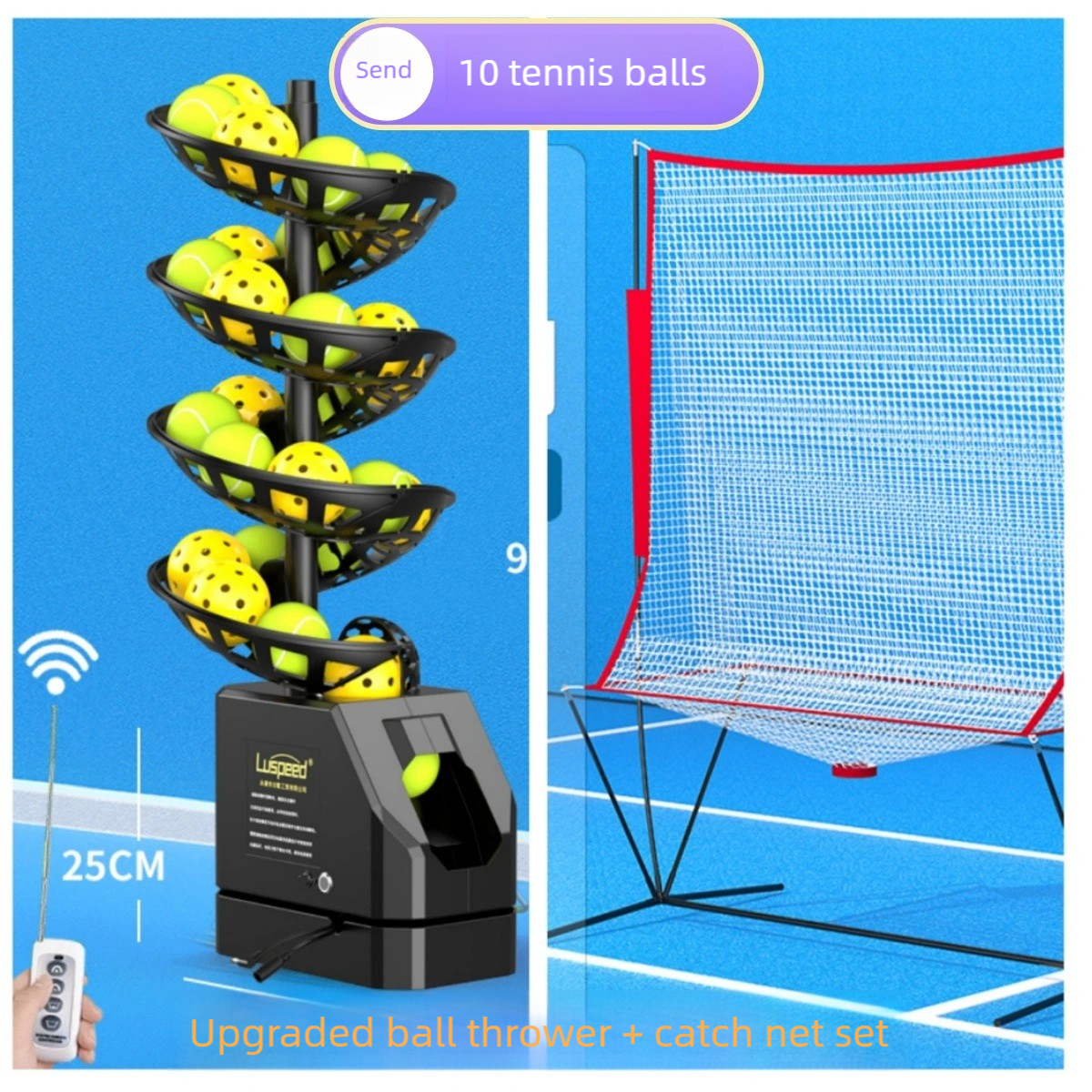 Macchina nera potenziata + rete raccogli palline + 10 palline da tennis