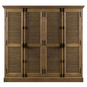 Lemari Pakaian <span class=keywords><strong>4</strong></span> Pintu Kayu Solid Gaya Prancis Modern, Warna Kayu Alami Distressed, Kabinet Penyimpanan Kamar Tidur - Product Image 1