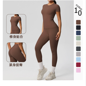 Women's Eco-Friendly Polyester Seamless Yoga Set Short Sleeve Top High Waist Ruched Butt <b>Scrunch</b> <b>Leggings</b> Gym Fitness Outfit - Product Image 1