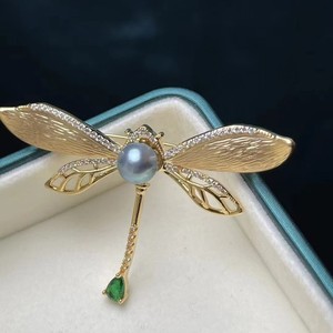 Broche de Perla Negra Natural de Tahití con Diseño de Flor y Libélula, Joyería de Moda para Otoño e Invierno - Product Image 4