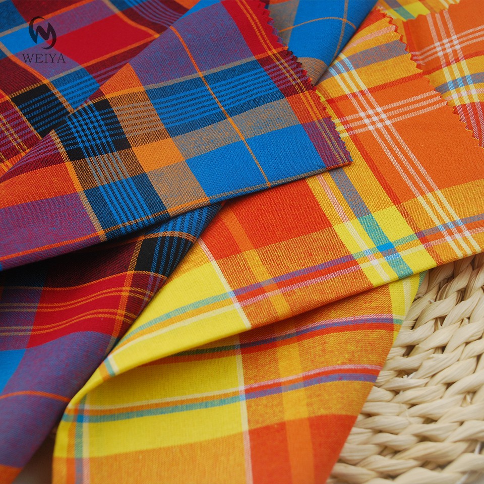 Plain Weave Woven Red Yellow Plaid Bright Colors 21s Pure Cotton Check Madras Yarn Dyed Fabric For Shirting