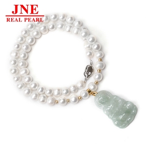 Natürliche Perlenkette mit Runden Perlen, Jade-Göttin der Barmherzigkeit, Goldene Kugeln, Perlenkette als Muttertagsgeschenk für Ältere - Product Image 5