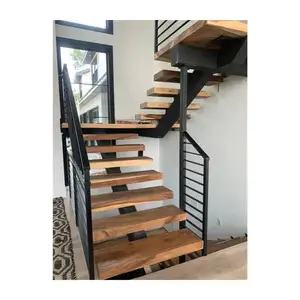 单纵梁楼梯阁楼内外木质玻璃栏杆木质踏板设计现代风格楼梯