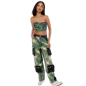 2025 nouvelle mode Denim deux pièces ensemble Sexy sans bretelles Corset hauts pour femmes et couleur femmes Cargo Jeans avec <span class=keywords><strong>Rivet</strong></span> déco - Product Image 1