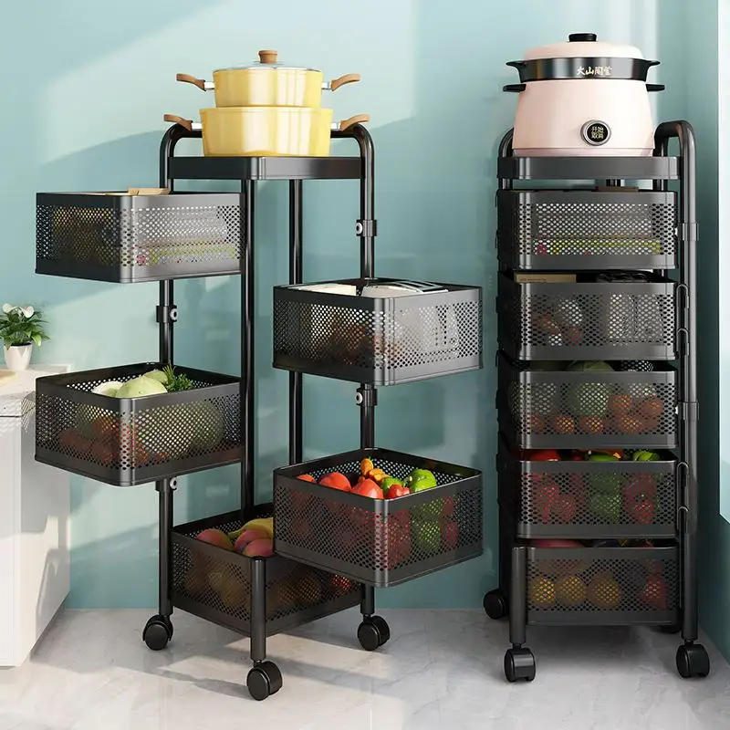 Бытовые стеллажи нового дизайна, вращающиеся квадратные кухонные стеллажи, корзины, кухонные вращающиеся тележки для хранения фруктов и овощей