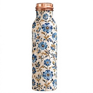 Bouteille d'eau en cuivre à imprimé marguerite bleue avec couvercle en cuivre, gourde de voyage portable - Product Image 1