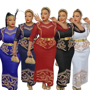 BOBOYU high quality african rhinestone bead chiffon blouse tops and skirt 2022 fashion women plus size two piece set with belt