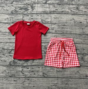 Conjunto de Ropa Roja Sólida para Bebé Niño, Estilo Boutique Personalizado BSSO1884, Conjuntos de Verano al por Mayor - Product Image 1