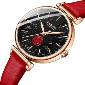 CURREN 9078 Ladies Watches Luxury Fashion Leather Quartz Wristwatches Female Branded Women's Clock with Flower