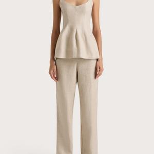 Conjunto Casual de Dos Piezas para Mujer, Chaleco y Pantalones de Lino con Cuello Redondo, Estilo Veraniego para Oficina, Ropa de Estar en Casa - Product Image 1