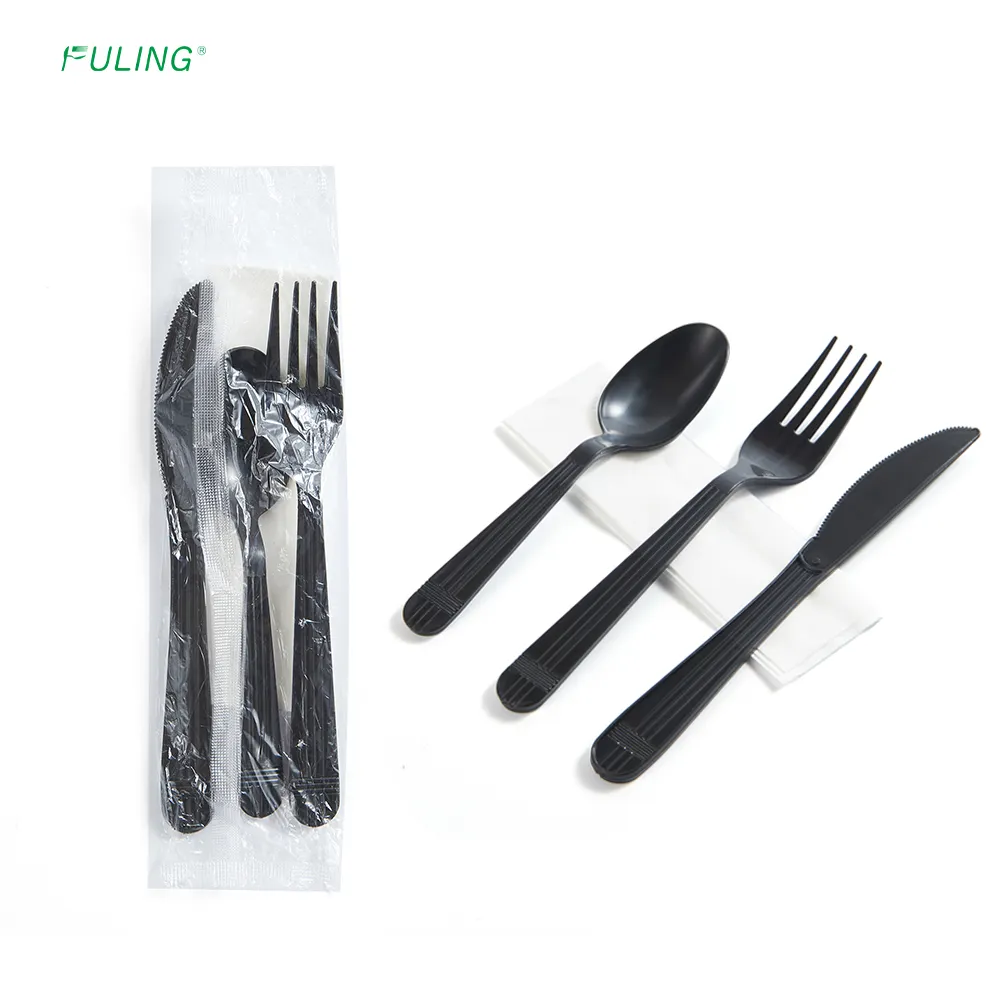FULING 4 IN 1 Custom Heavy Weight PP Plastic Disposable Cutlery Set Spoon Fork and Knives Set with Napkin