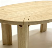 Table basse ovale Elloak, table basse en bois de chêne naturel avec pieds à tenons traversants pour salon, style minimaliste Japandi