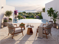 Ensemble de canapé et fauteuils d'extérieur en alliage d'aluminium et teck, dossier en toile, coussin moelleux pour villa, bord de piscine, hôtel