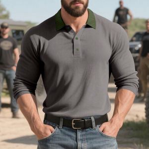 <span class=keywords><strong>Polo</strong></span> a maniche lunghe con risvolto in stile americano autunnale, casual, in tessuto a coste, colorato - Product Image 1