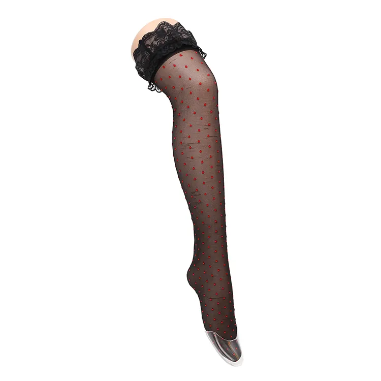 Wholesale daily wear office lady 20D lace silicone red dot jacquard black stockings